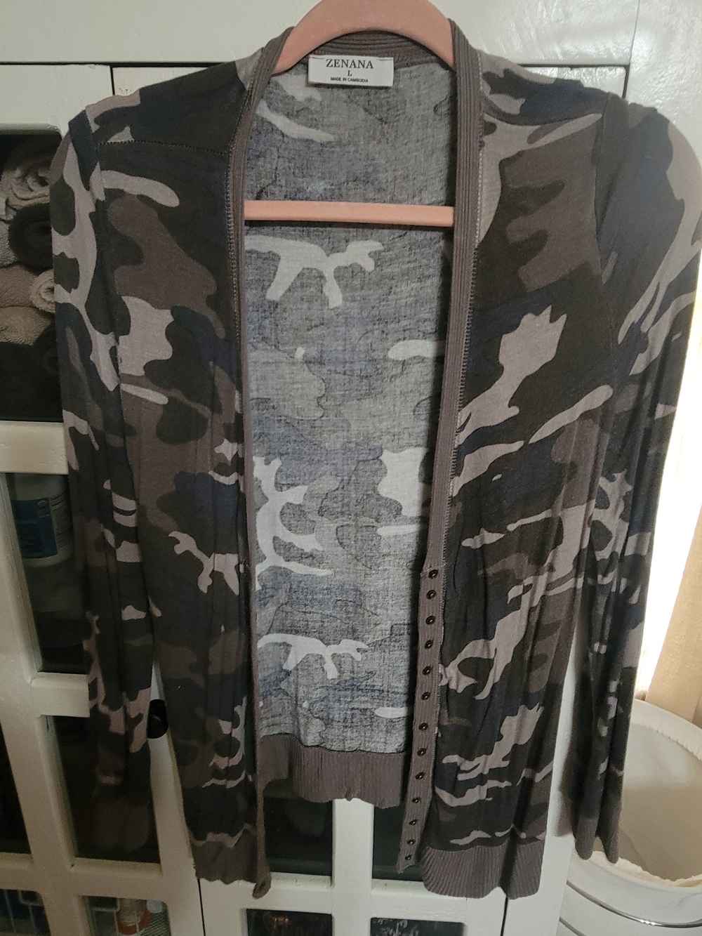 Zenana Outfitters Womens Camouflage Button-Up Cardigan - Olive, Gray, Blue